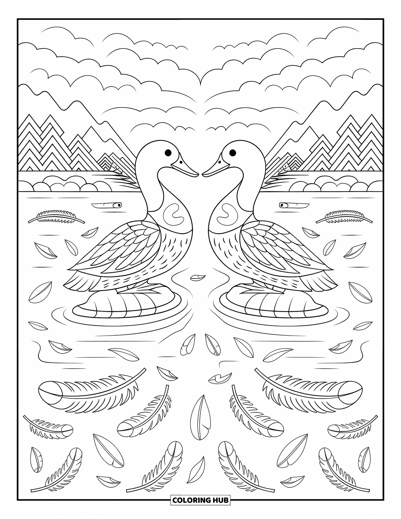 Disegno di un'anatra da colorare per adulti: due anatre sono appollaiate su una roccia in uno stagno pieno di foglie e piume