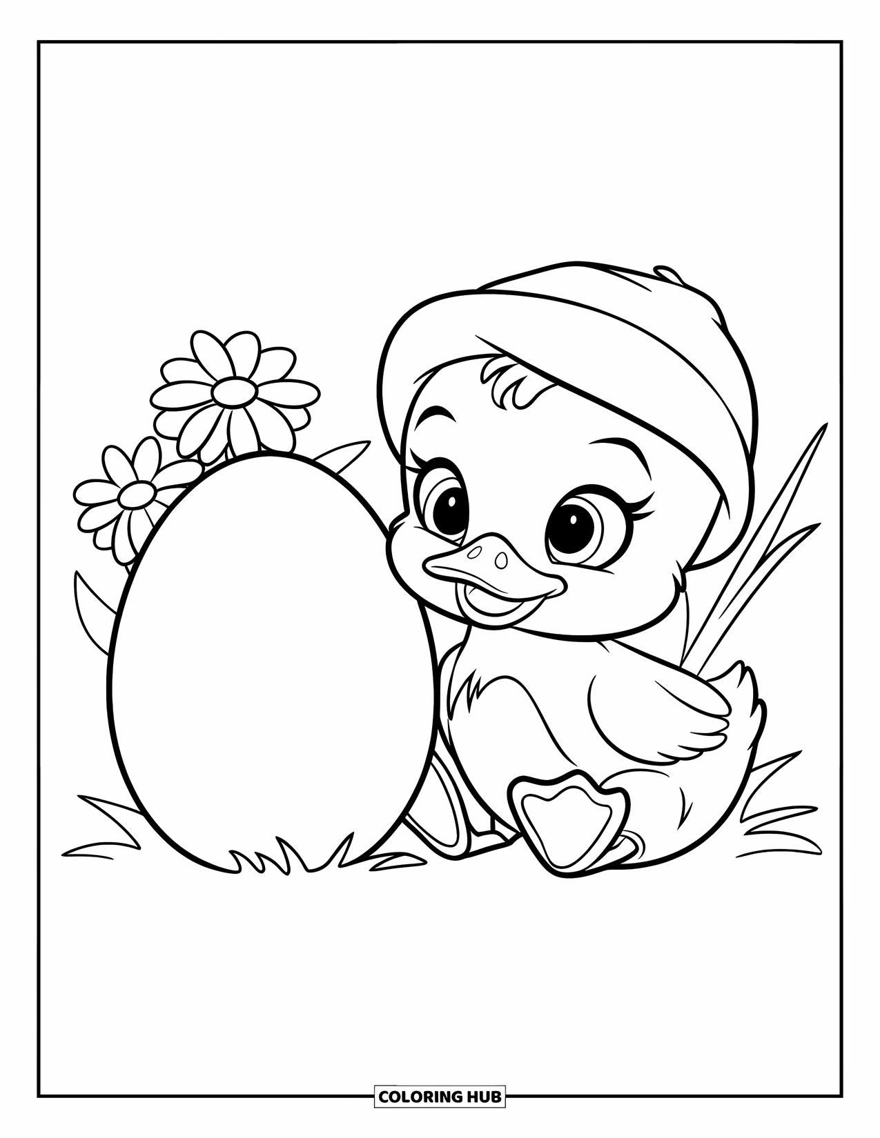 Disegno di un'anatra da colorare per bambini: Un anatroccolo siede accanto a un grande uovo su un terreno erboso e soffice