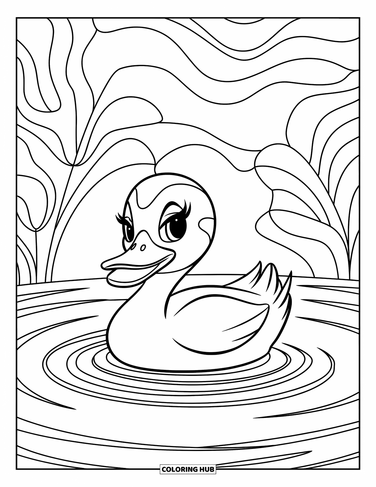 Disegno di un'anatra da colorare per bambini: Un'anatra allegra si trova in acqua increspata circondata da piante a strati