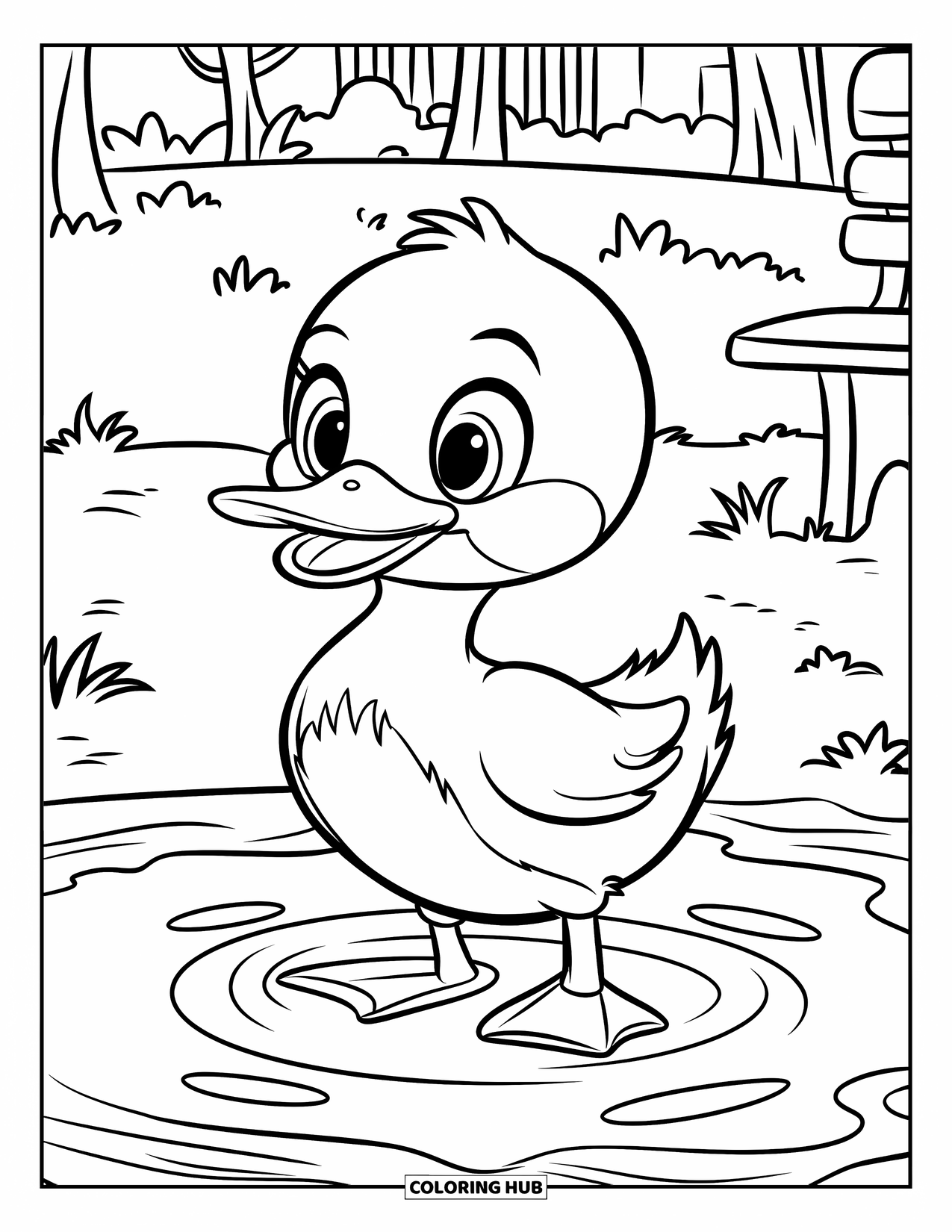 Disegno di un'anatra da colorare per bambini: Un'anatra carina sta in una pozzanghera con piccole increspature ai suoi piedi