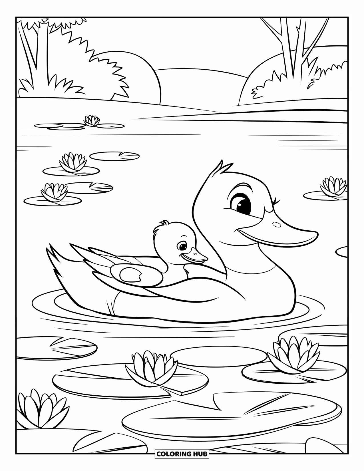 Disegno di un'anatra da colorare per bambini: Un'anatra e un anatroccolo scivolano tra i fiori su un tranquillo laghetto