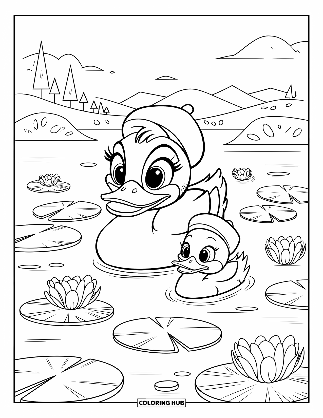 Disegno di un'anatra da colorare per bambini: Un'anatra e un anatroccolo con dei cappellini nuotano tra gigli e nuvole