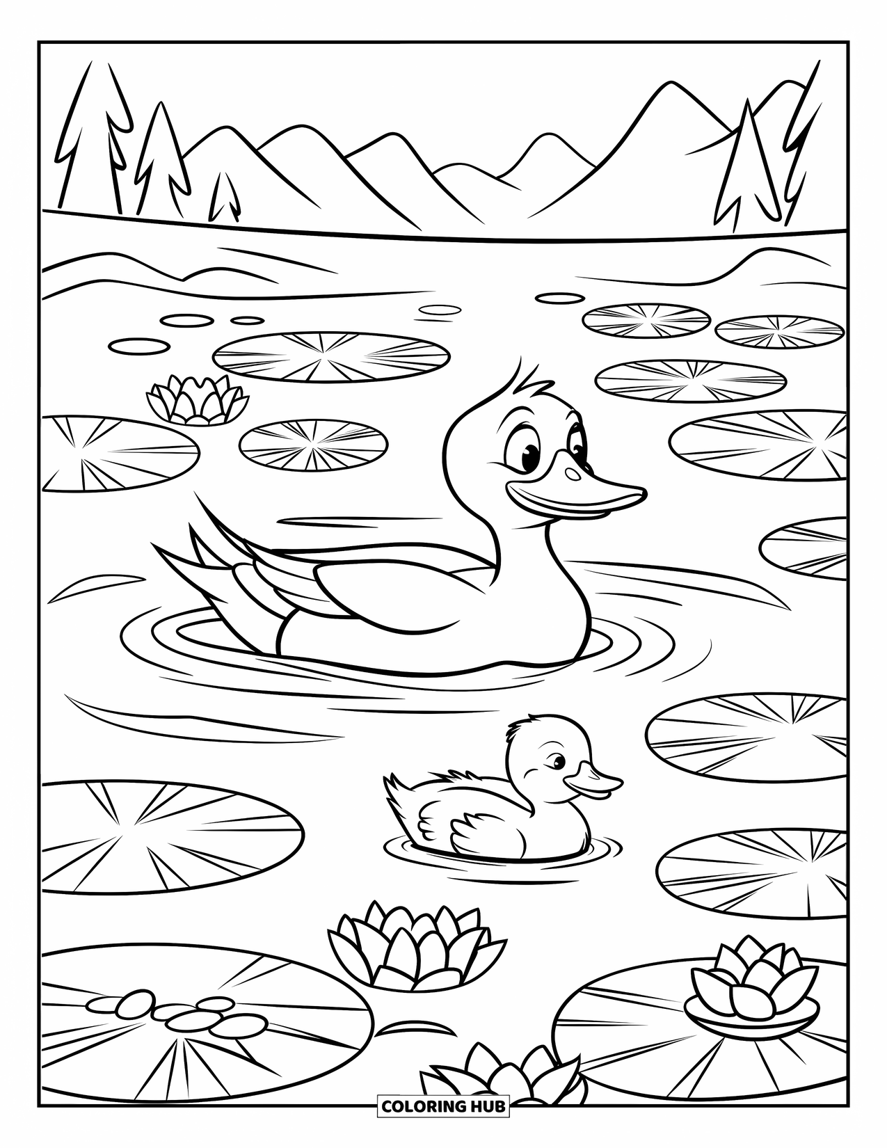 Disegno di un'anatra da colorare per bambini: Un'anatra e un anatroccolo nuotano insieme tra ninfee e viste sulle montagne