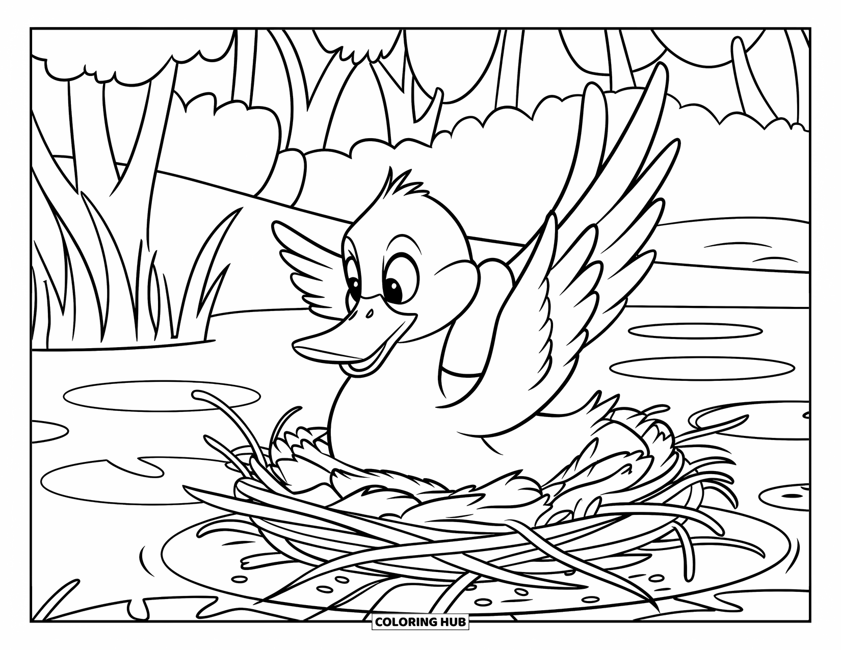 Disegno di un'anatra da colorare per bambini: Un'anatra costruisce un nido con ramoscelli e piume su una ninfea