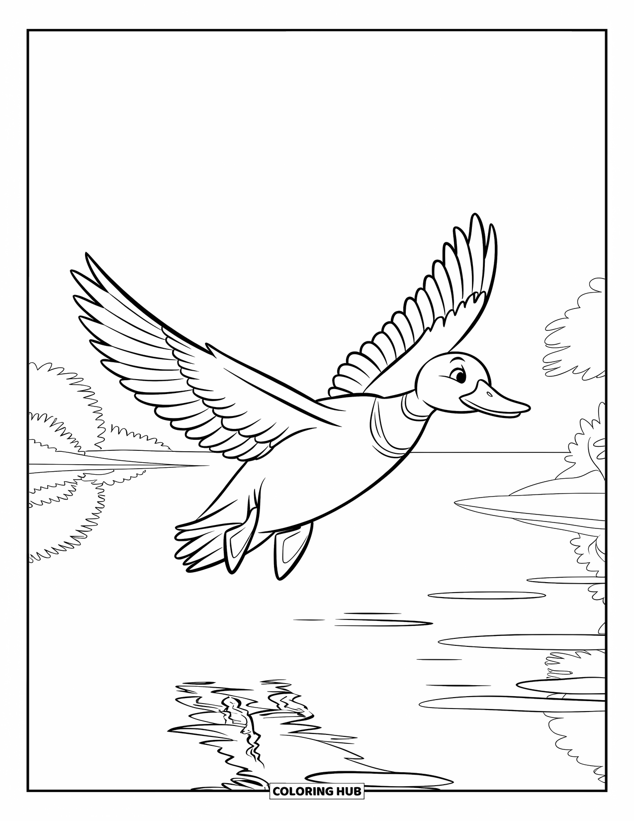 Disegno di un'anatra da colorare per bambini: Un'anatra vola oltre montagne e alberi mentre il lago rispecchia il cielo