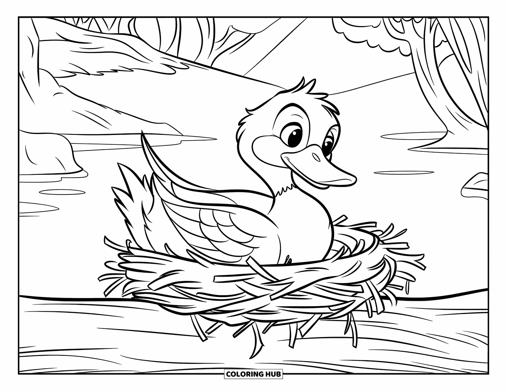 Disegno di un'anatra da colorare per bambini: Un'anatra raccoglie ramoscelli mentre è seduta su un tronco vicino ad alberi e una montagna