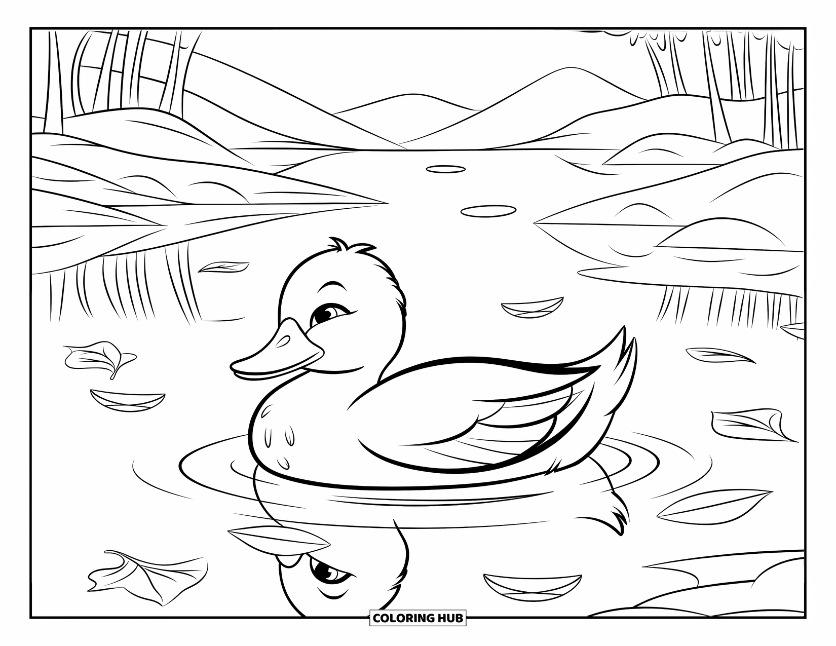 Disegno di un'anatra da colorare per bambini: Un'anatra scivola silenziosamente sull'acqua calma, circondata da foglie galleggianti e riflessi