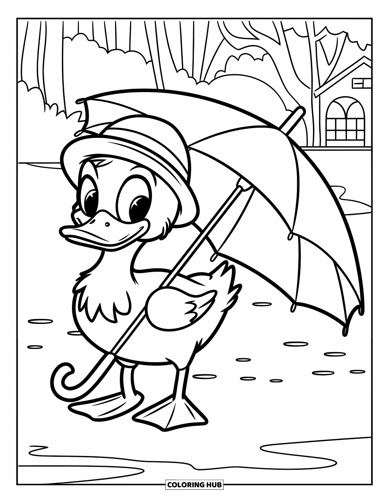 Disegno di un'anatra da colorare per bambini: Un'anatra con un cappello da pioggia sorride accanto a un ombrello in un tranquillo cortile