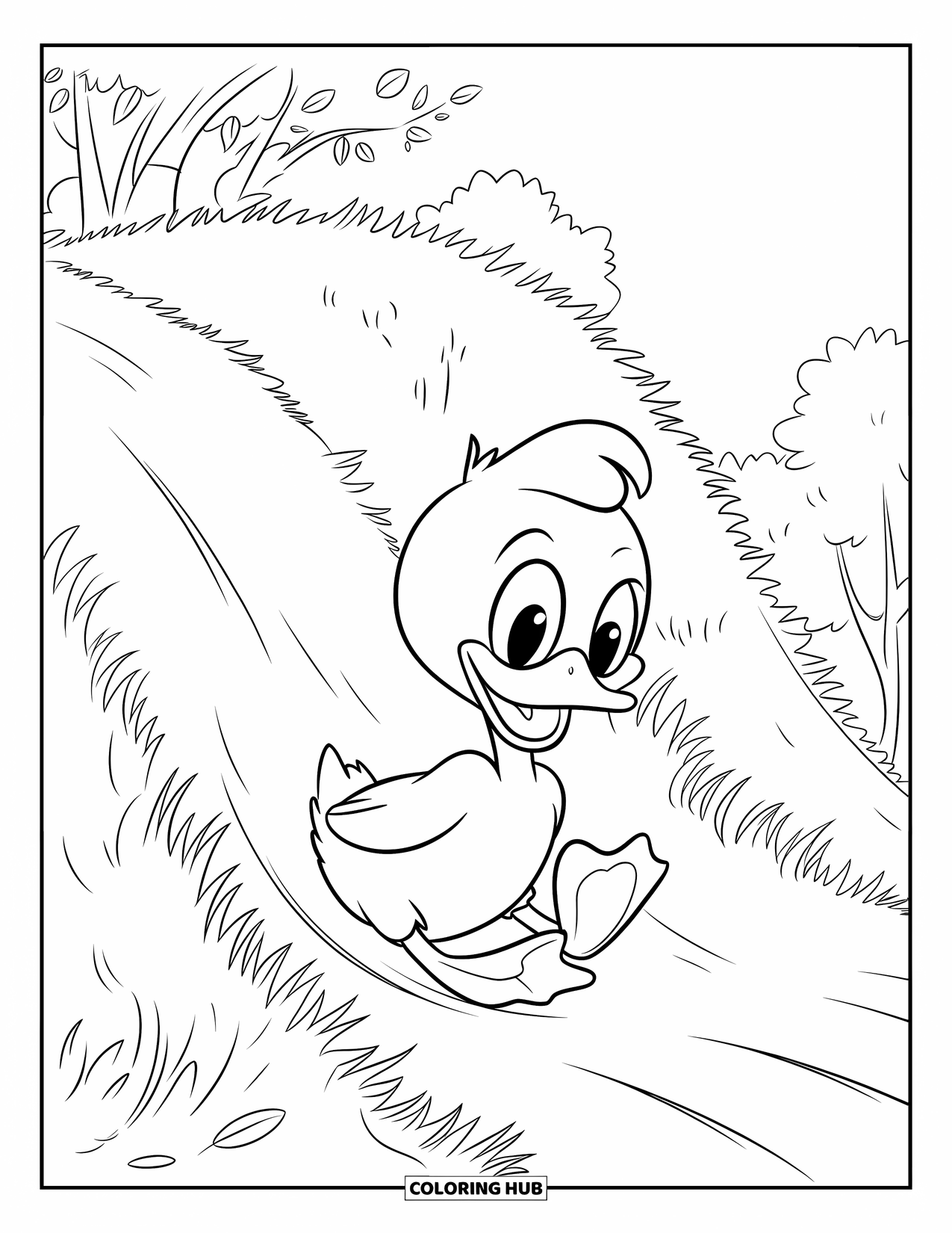 Disegno di un'anatra da colorare per bambini: Un'anatra con gli occhiali da sole scivola giù per una collina soleggiata con un grande sorriso