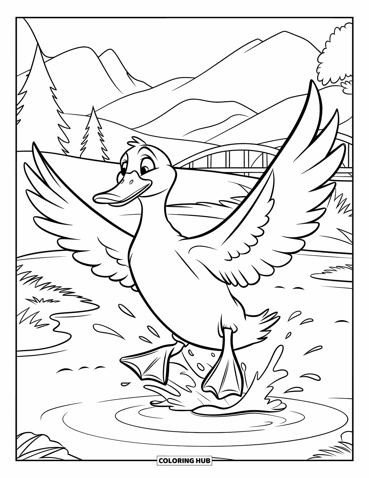 Disegno di un'anatra da colorare per bambini: Un'anatra atterra delicatamente sull'acqua vicino ad alberi, un ponte e tranquille colline