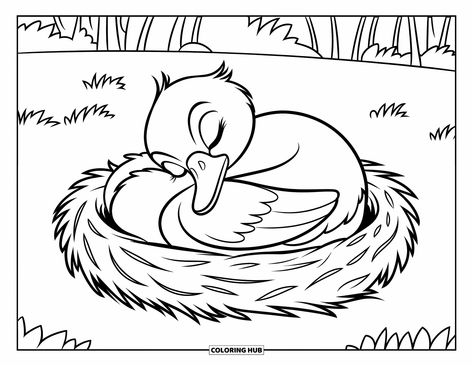 Disegno di un'anatra da colorare per bambini: Un'anatra fa un pisolino in un nido sotto uno sfondo pieno di alberi