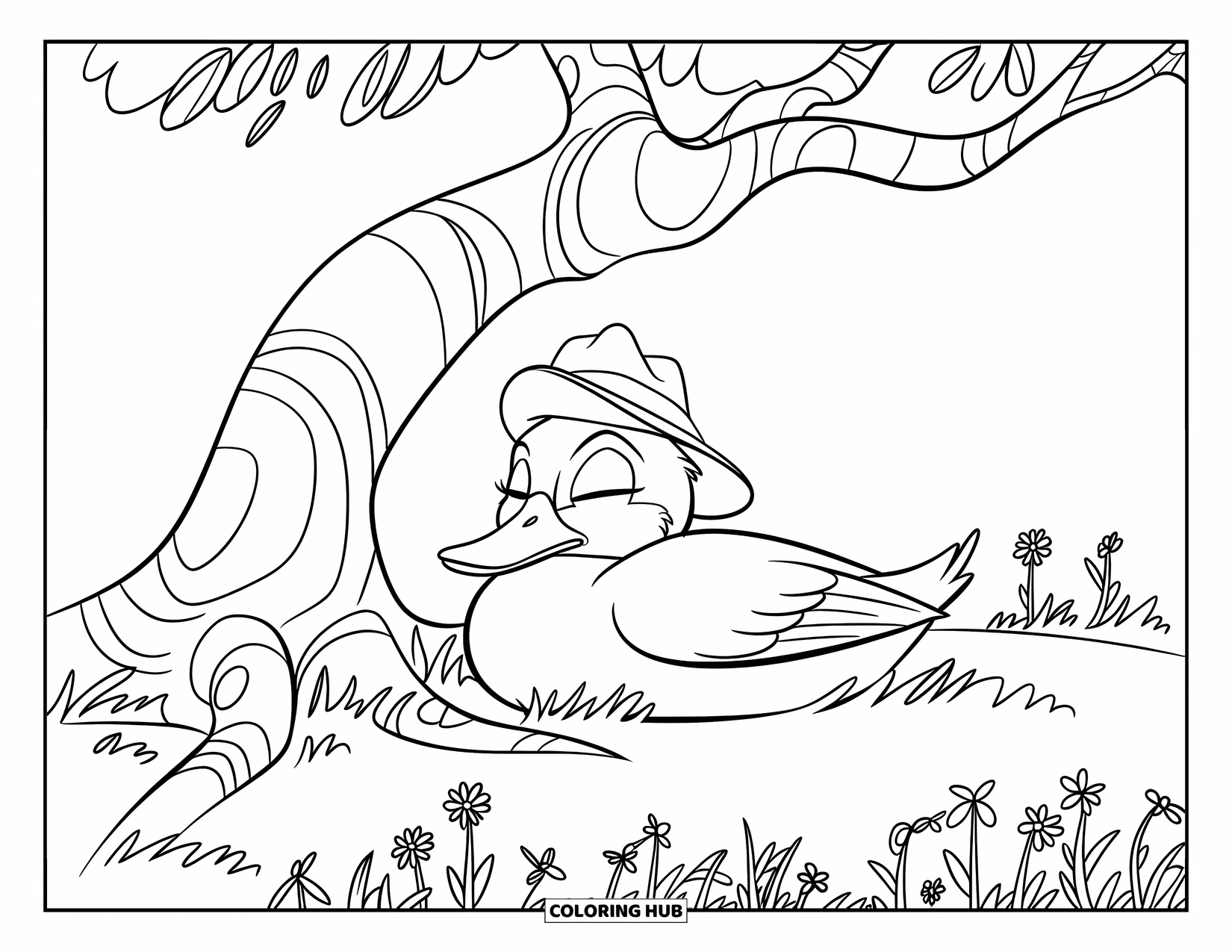 Disegno di un'anatra da colorare per bambini: Un'anatra fa un pisolino sotto un albero contorto in un prato pieno di fiori selvatici