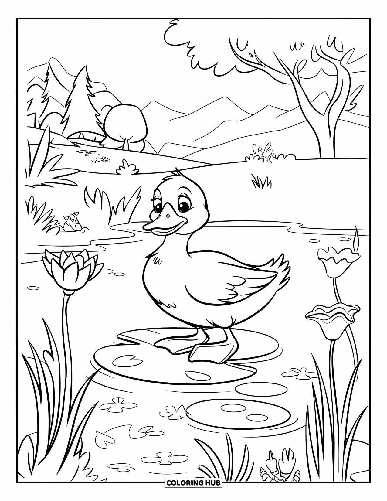 Disegno di un'anatra da colorare per bambini: Un'anatra su una ninfea si gode i fiori che sbocciano e le montagne in lontananza