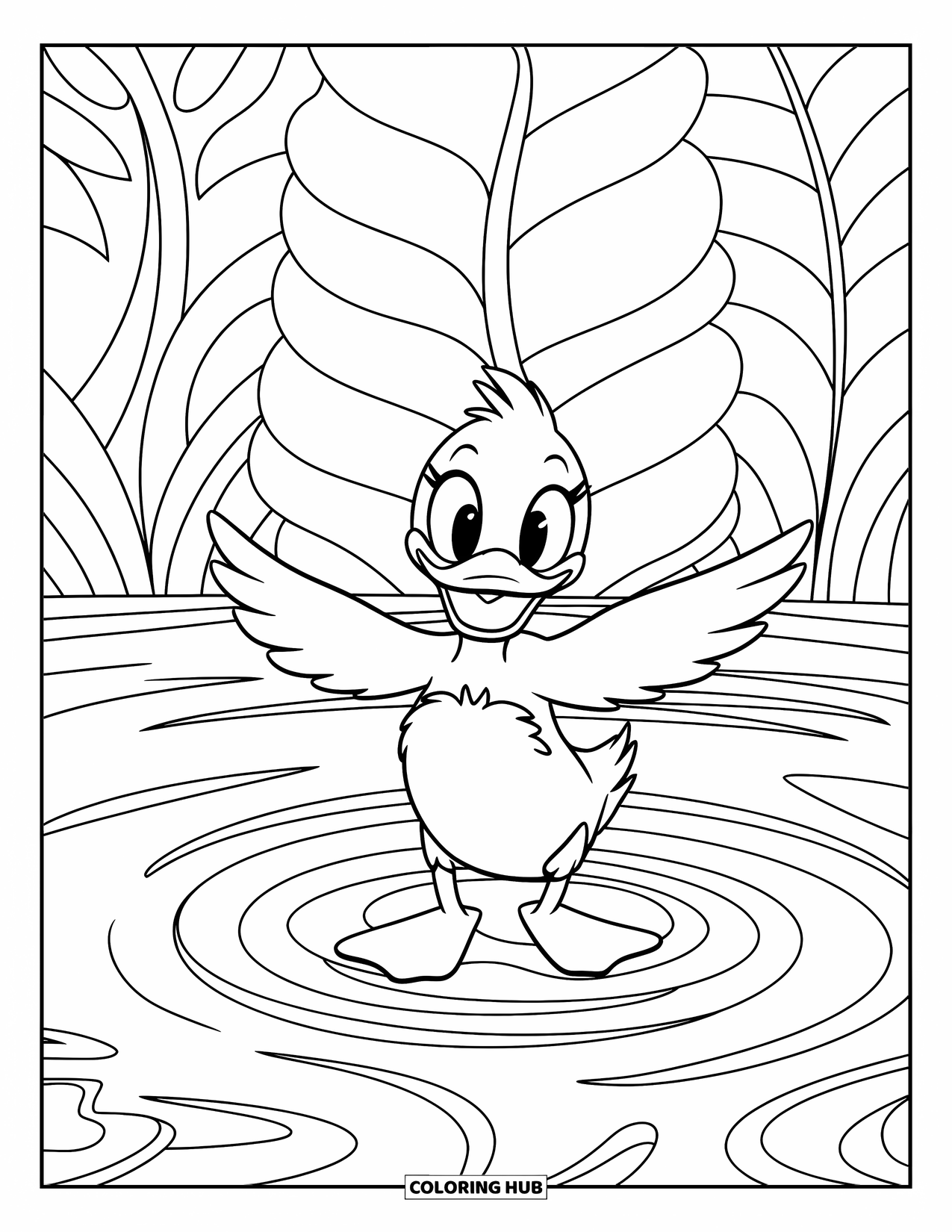 Disegno di un'anatra da colorare per bambini: Un'anatra su una ninfea sorride in mezzo all'acqua increspata e alle piante