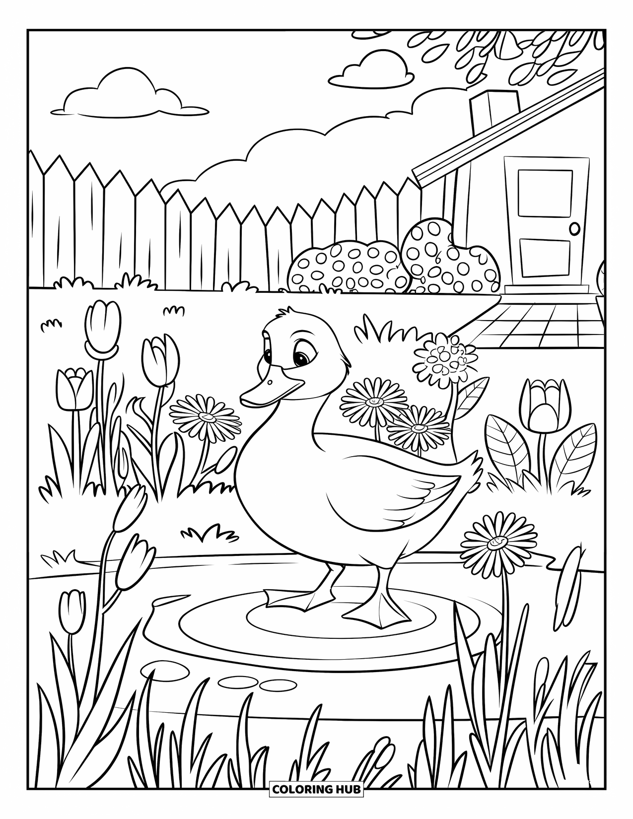 Disegno di un'anatra da colorare per bambini: Un'anatra su un tronco è circondata da tulipani, margherite e un'accogliente scena di campagna