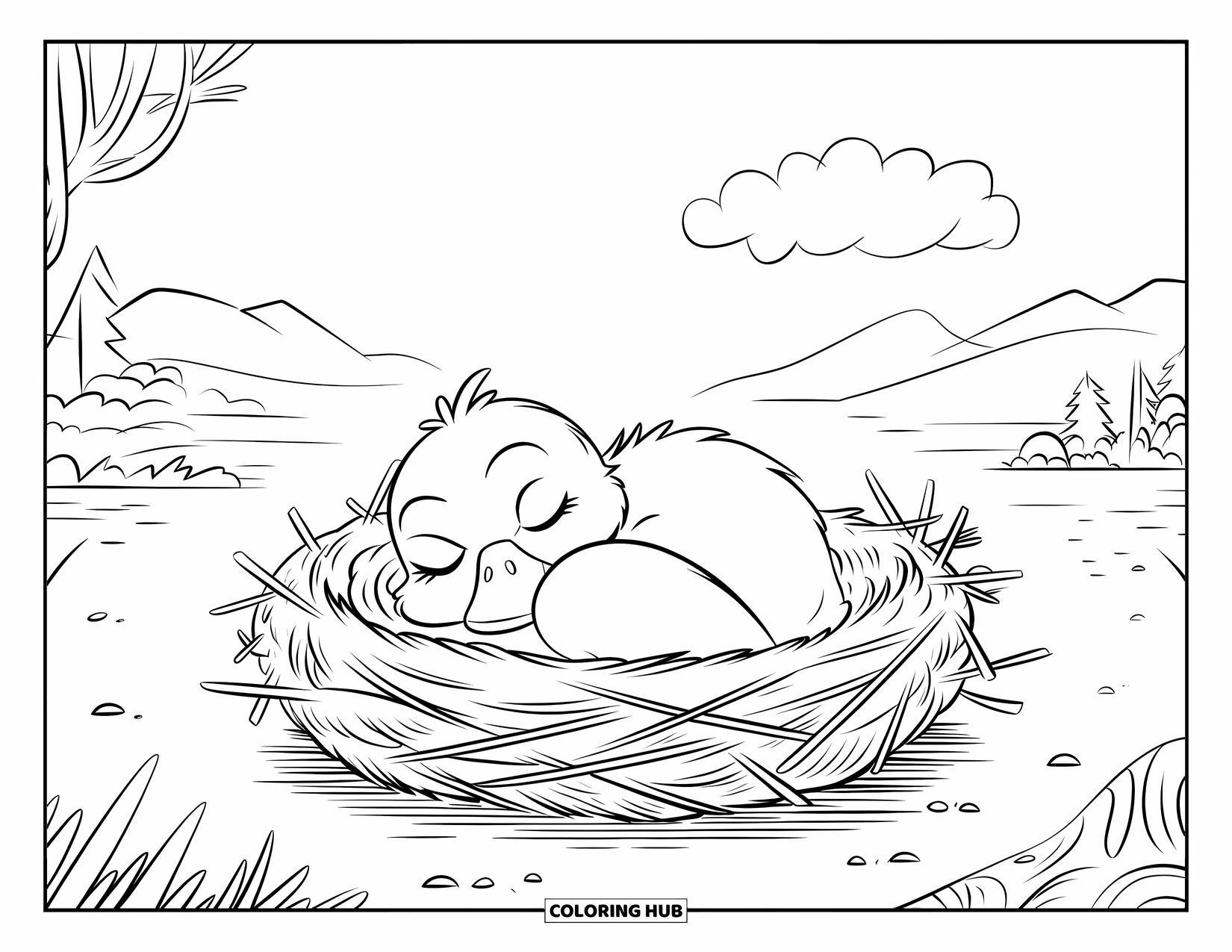 Disegno di un'anatra da colorare per bambini: Un'anatra dorme in un nido di ramoscelli sotto un grande cielo e montagne