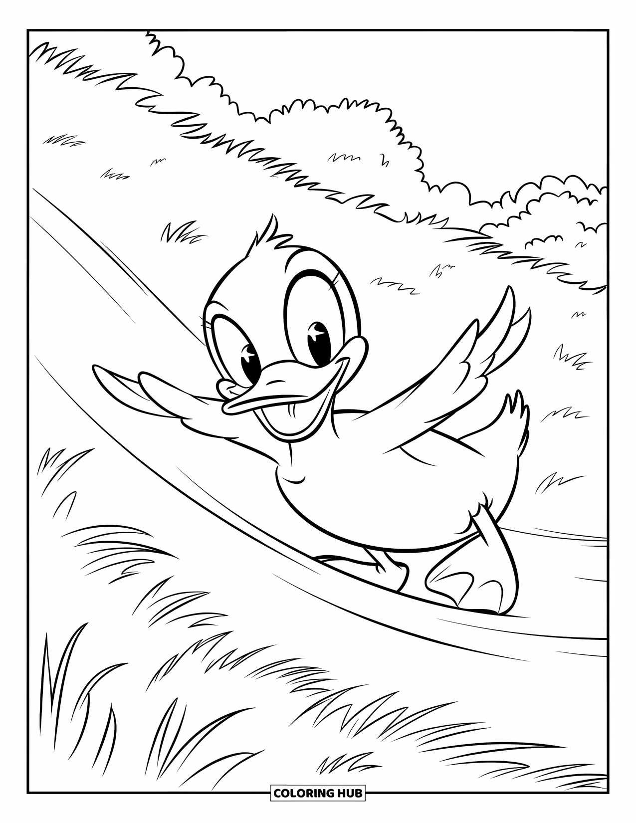 Disegno di un'anatra da colorare per bambini: Un'anatra scivola felicemente giù per una collina erbosa sotto un cielo luminoso