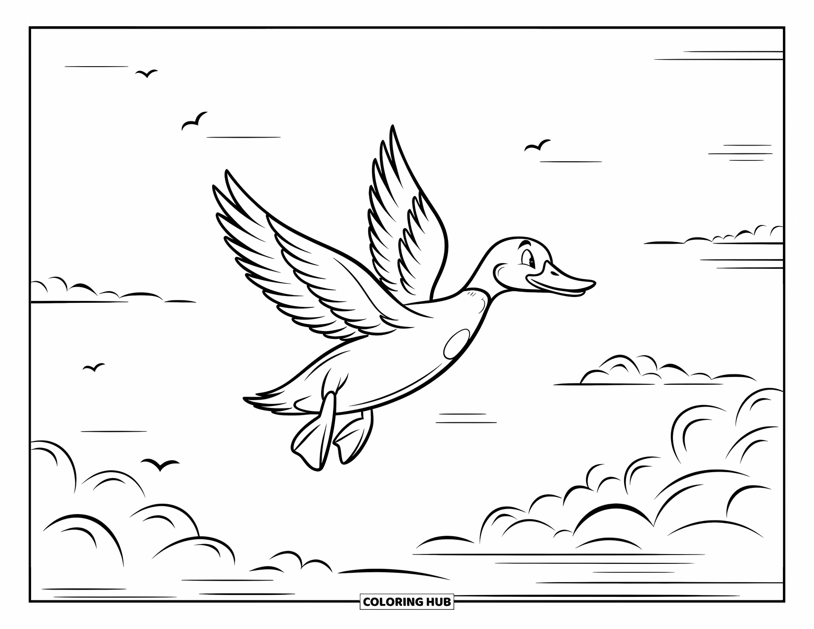 Disegno di un'anatra da colorare per bambini: Un'anatra vola nel cielo con nuvole sparse e uccelli in volo