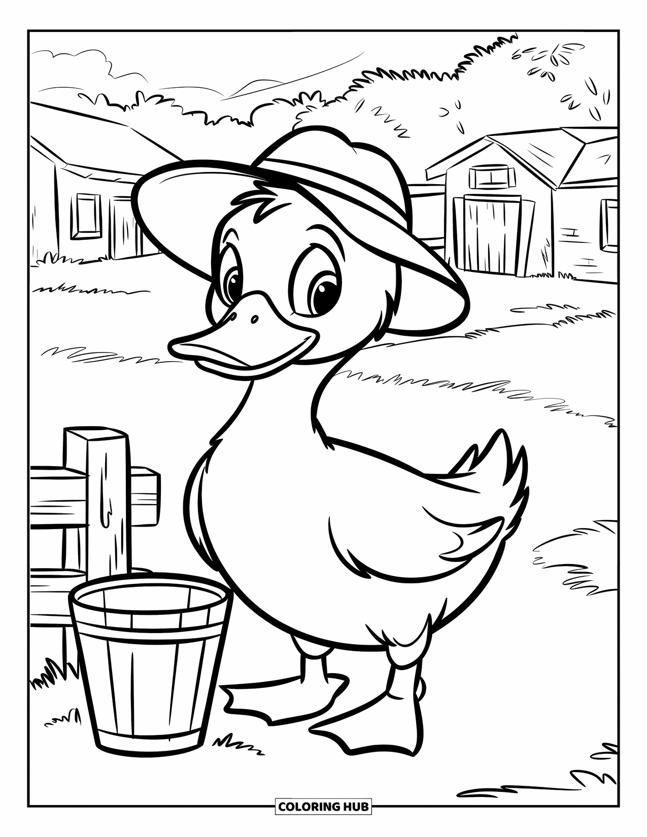 Disegno di un'anatra da colorare per bambini: Un'anatra si trova vicino a una recinzione e un secchio in una tranquilla scena di fattoria