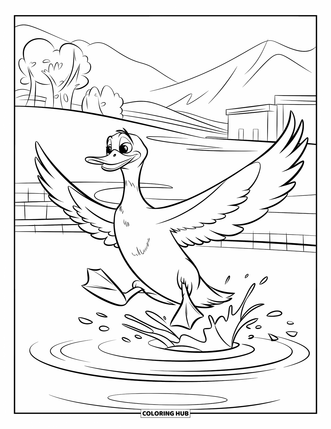 Disegno di un'anatra da colorare per bambini: Un'anatra atterra su acque calme con alberi e un cielo sereno sullo sfondo