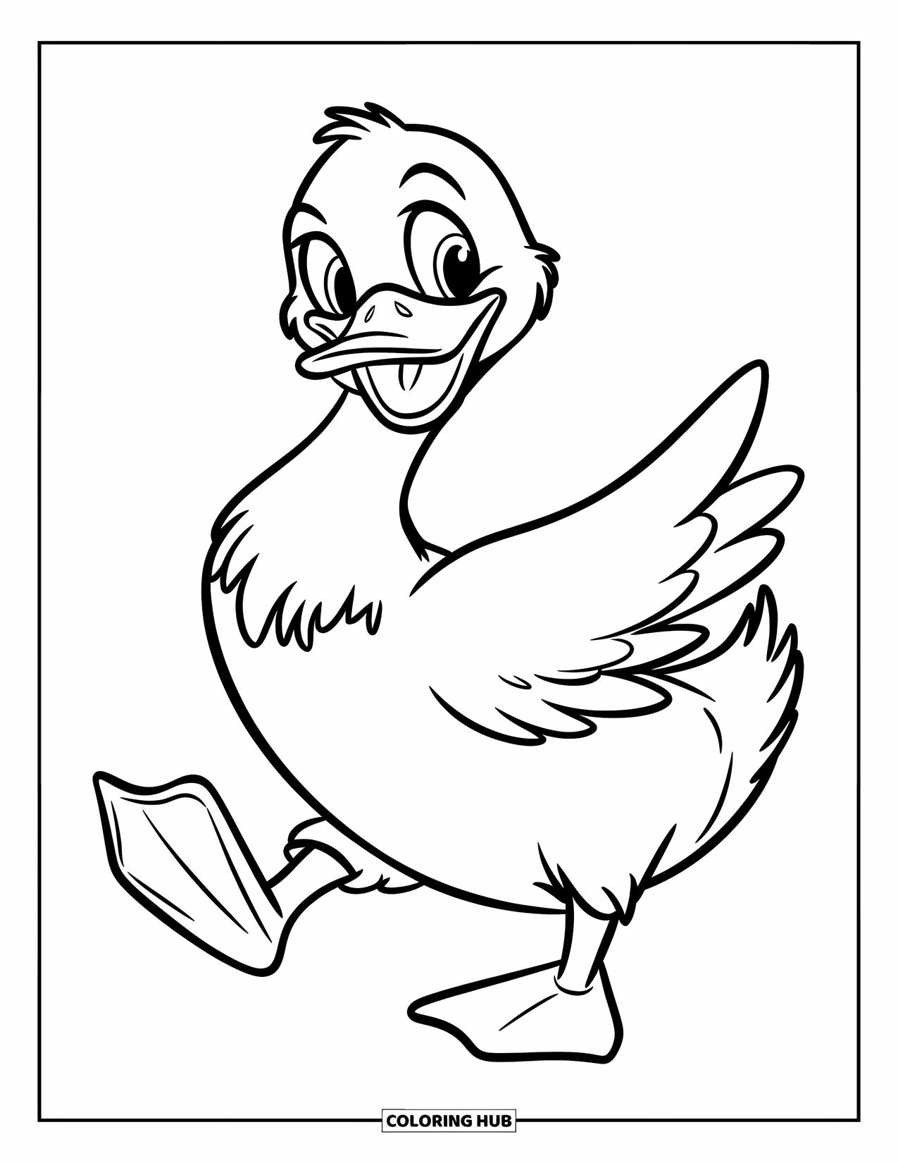 Disegno di un'anatra da colorare per bambini: Un'anatra ondeggia con un sorriso e piume arruffate su una pagina bianca