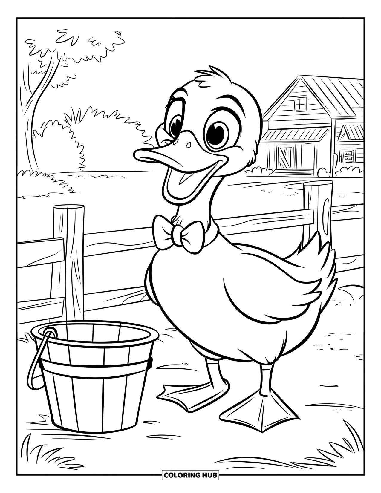 Disegno di un'anatra da colorare per bambini: Un'anatra con un papillon sta all'erta accanto a una recinzione di una fattoria