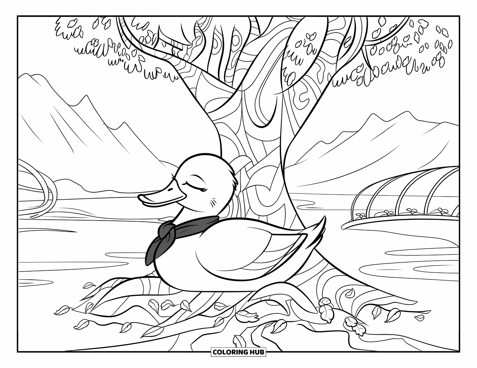Disegno di un'anatra da colorare per bambini: Un'anatra con una sciarpa sonnecchia sotto un albero contorto vicino a un tranquillo lago di montagna