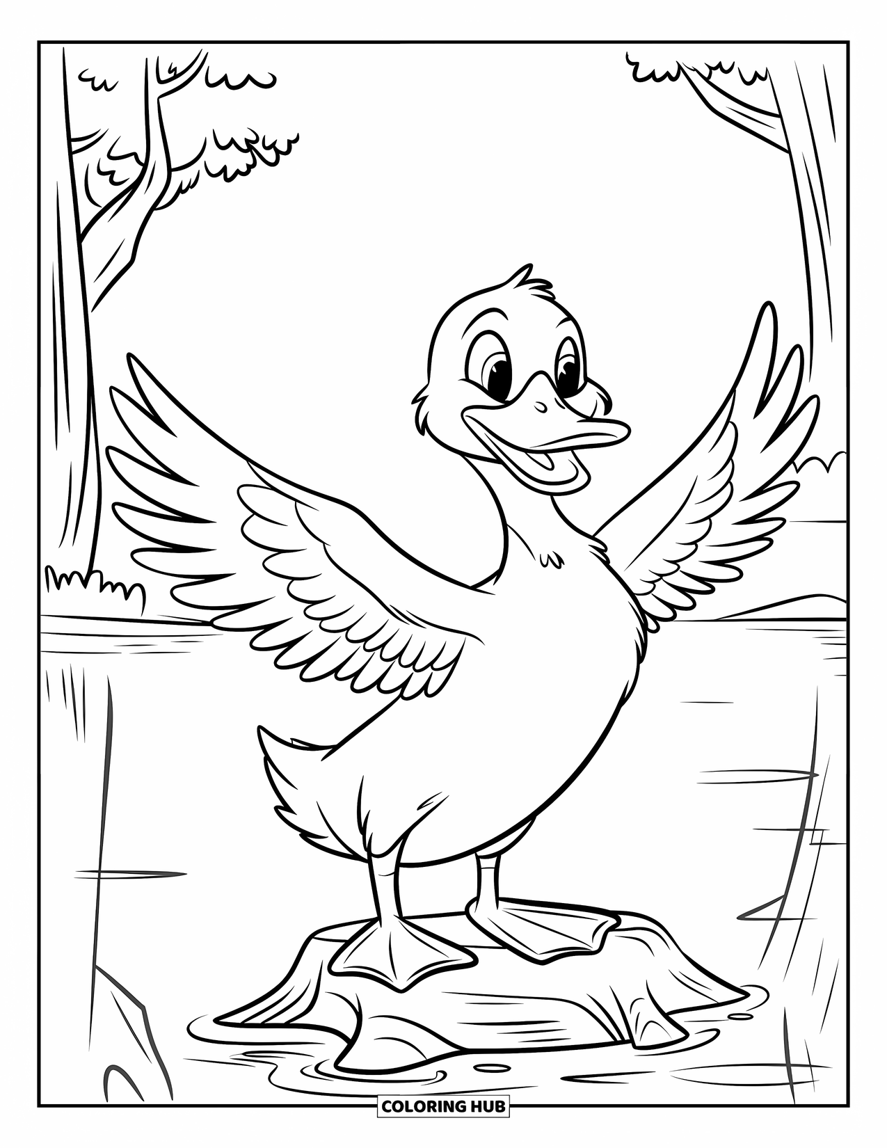 Disegno di un'anatra da colorare per bambini: Un'anatra con i piedi luminosi si erge alta su un tronco sopra l'acqua