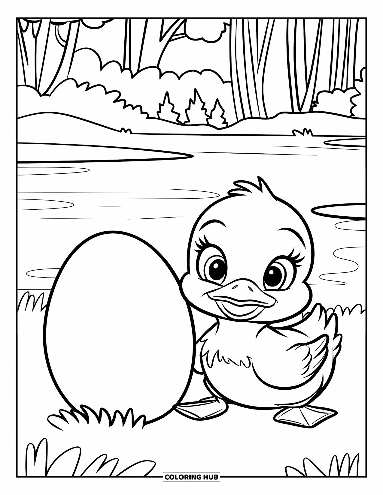 Disegno di un'anatra da colorare per bambini: Un anatroccolo con un cappello siede accanto a un grande uovo con alberi sullo sfondo