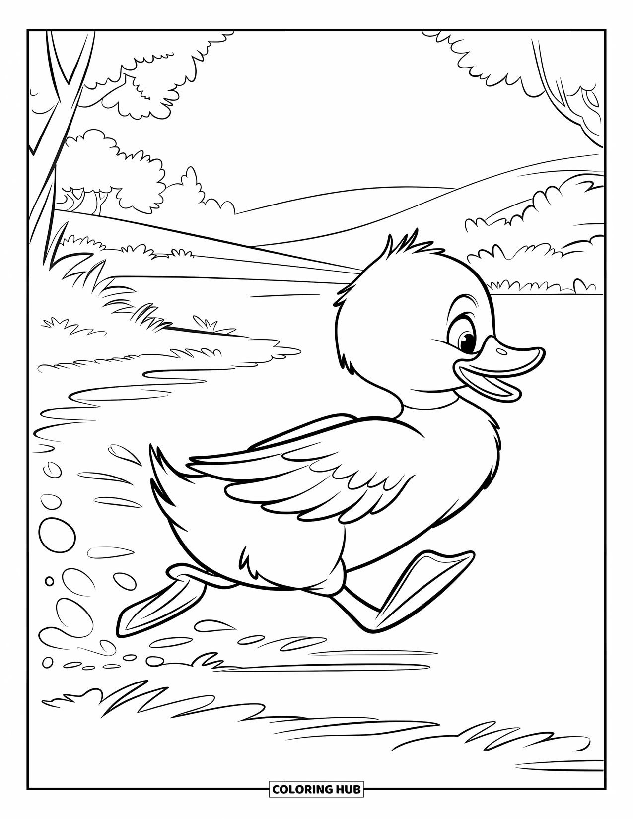 Disegno di un'anatra da colorare per bambini: Un anatroccolo corre veloce verso un laghetto distante, con le piume che volano dietro