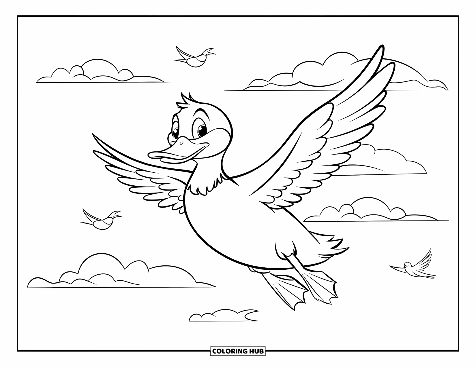 Disegno di un'anatra da colorare per bambini: Un'anatra che sbatte le ali scivola sopra le nuvole con le ali distese e uccelli nelle vicinanze