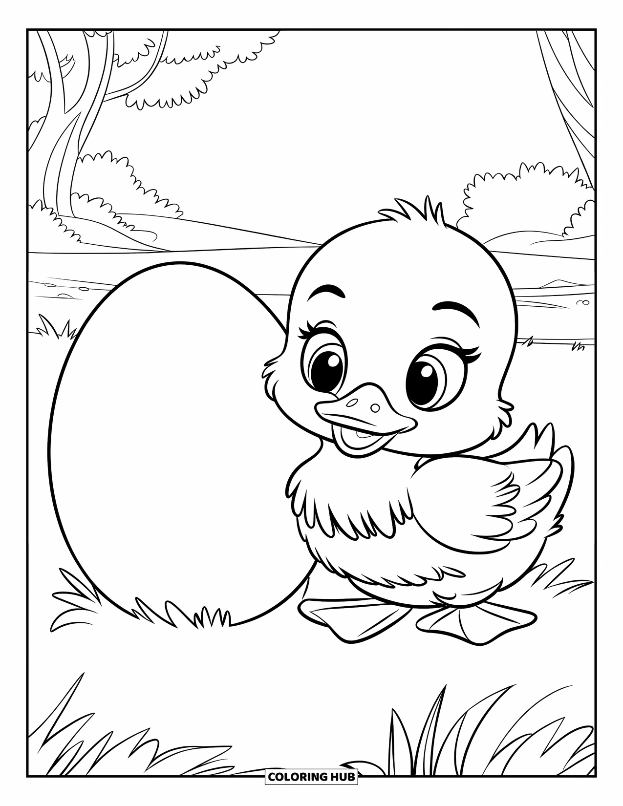Disegno di un'anatra da colorare per bambini: Un anatroccolo soffice con grandi occhi siede accanto a un uovo in un campo tranquillo