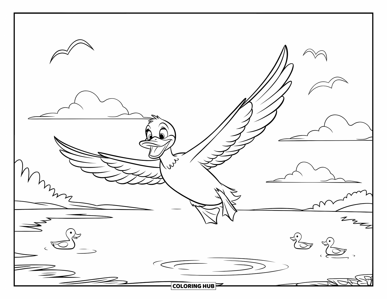 Disegno di un'anatra da colorare per bambini: Un'anatra volante sbatte le ali sopra un lago tranquillo dove altre anatre nuotano tranquillamente