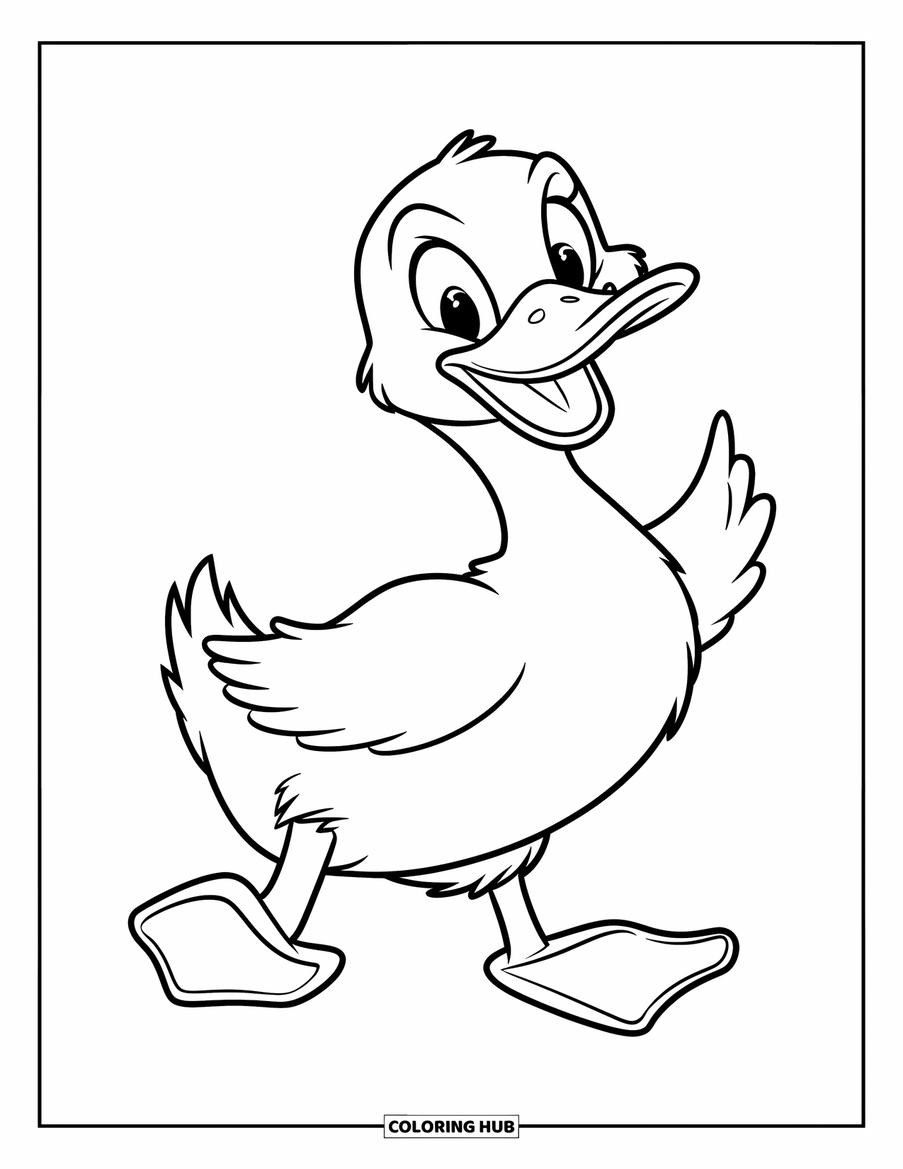 Disegno di un'anatra da colorare per bambini: Un'anatra felice ondeggia con un piede sollevato e un'espressione allegra