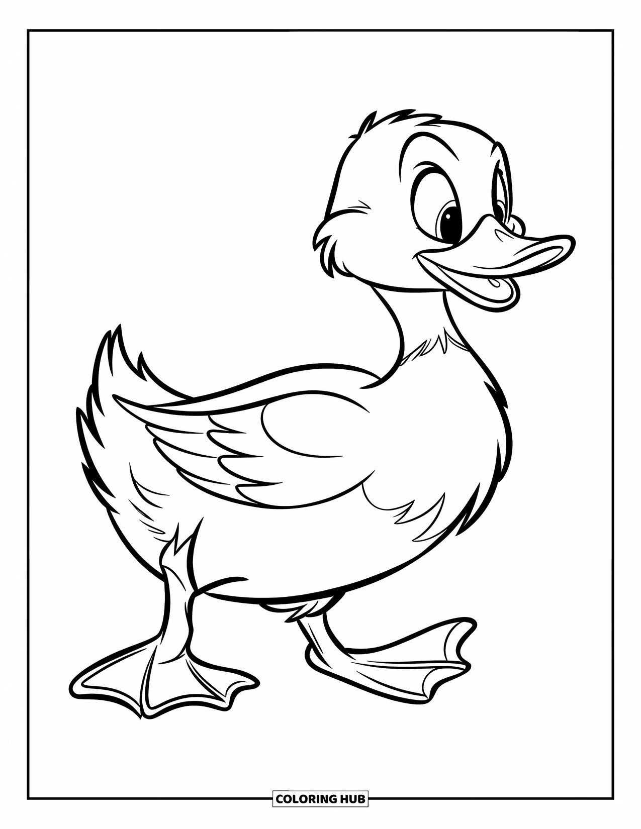 Disegno di un'anatra da colorare per bambini: Un'anatra gioiosa avanza dondolando con un piede sollevato in movimento