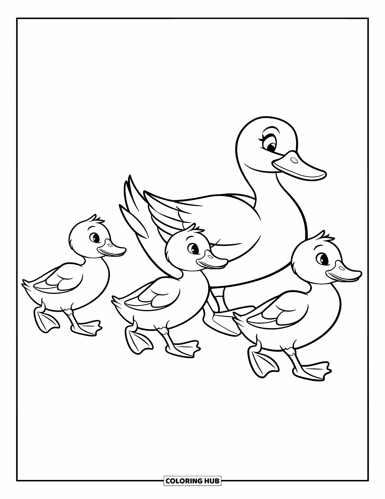 Disegno di un'anatra da colorare per bambini: Una mamma anatra e i suoi anatroccoli camminano in fila su un sentiero semplice e tranquillo