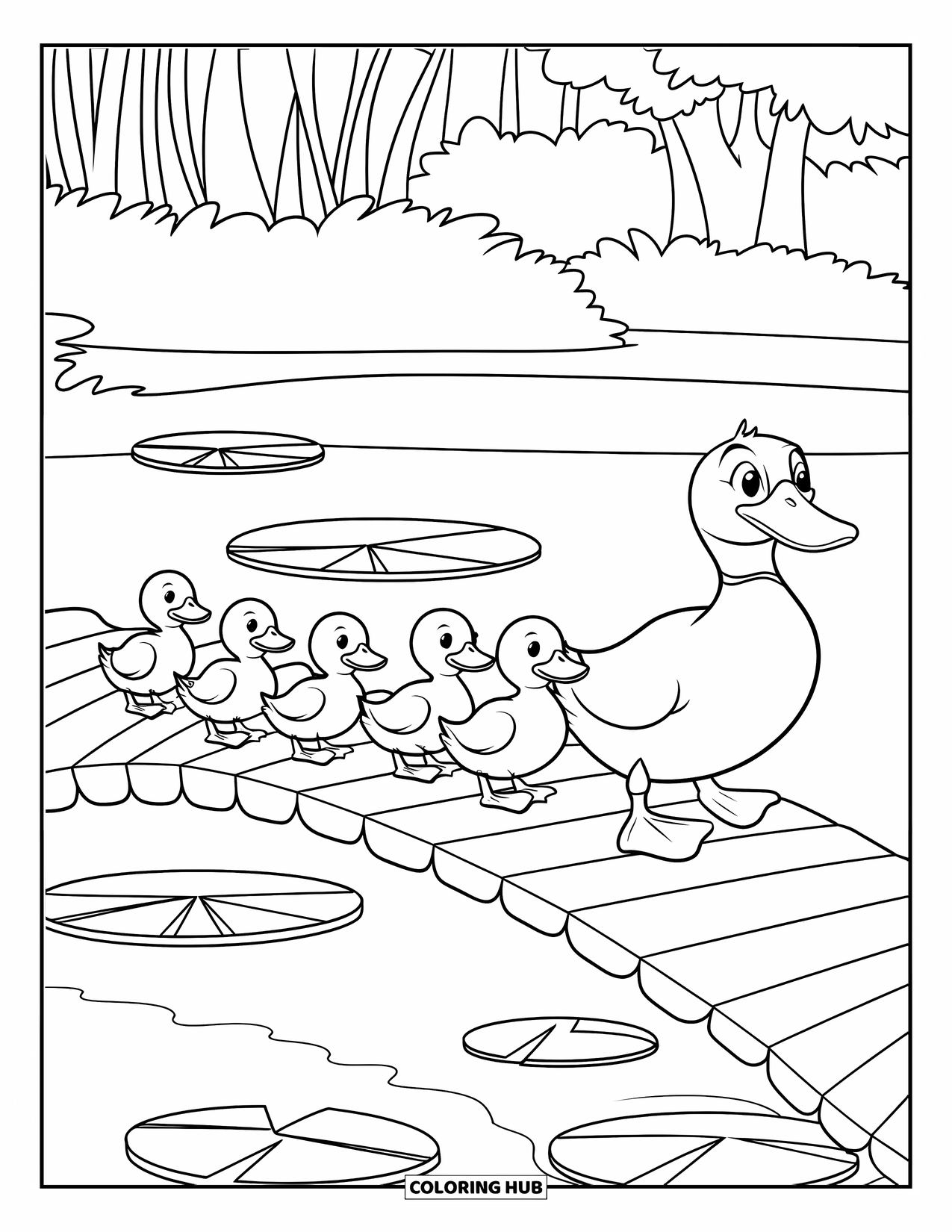 Disegno di un'anatra da colorare per bambini: Una mamma anatra guida gli anatroccoli attraverso un ponte sopra acque calme piene di gigli