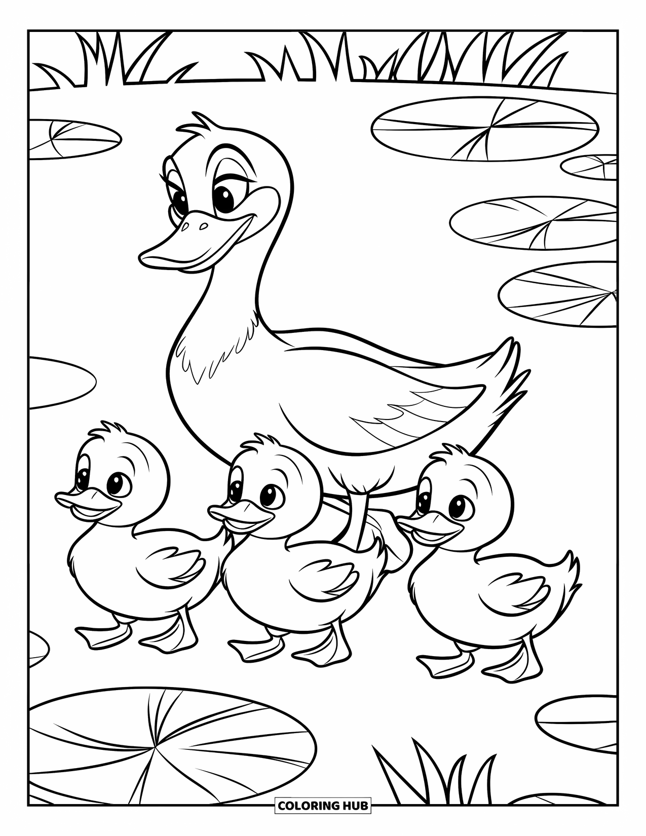 Disegno di un'anatra da colorare per bambini: Una mamma anatra guida tre anatroccoli in fila vicino a un tranquillo laghetto