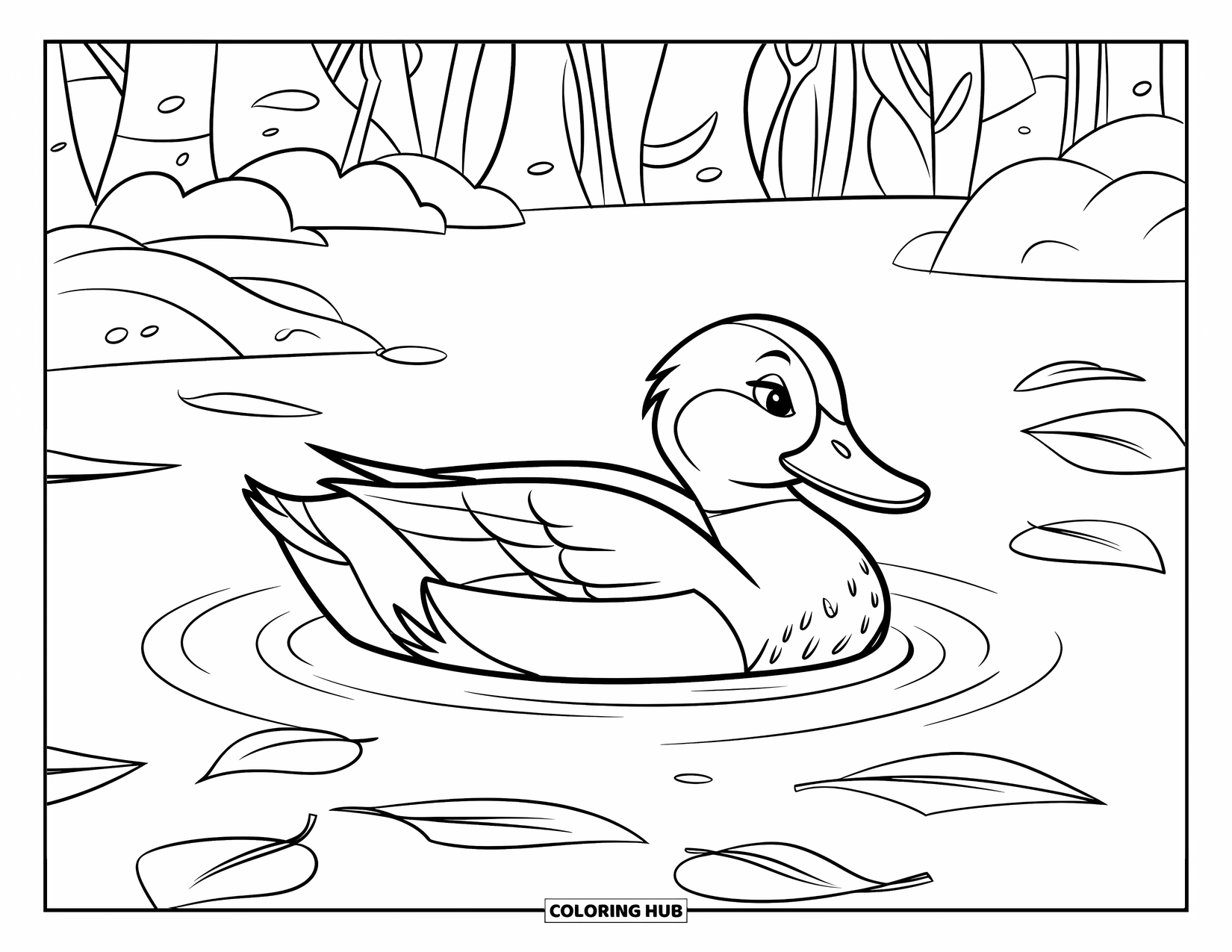 Disegno di un'anatra da colorare per bambini: Un'anatra tranquilla galleggia su un laghetto con foglie che galleggiano nelle vicinanze