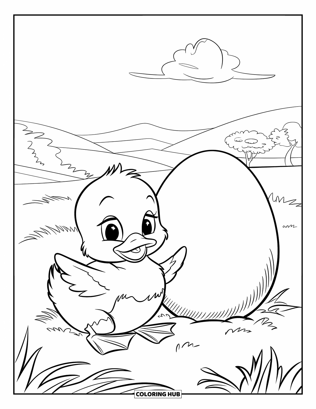 Disegno di un'anatra da colorare per bambini: Un anatroccolo rotondo riposa accanto a un grande uovo sotto una nuvola soffice