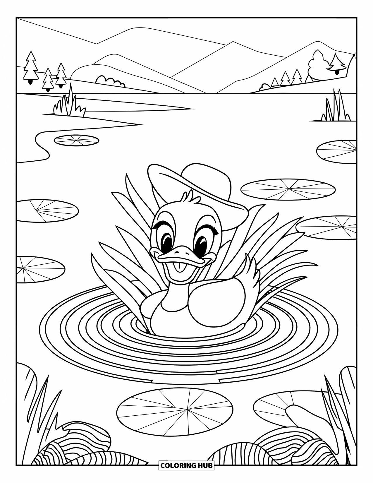 Disegno di un'anatra da colorare per bambini: Un'anatra sorridente con un cappello galleggia su un lago tranquillo con alberi in lontananza