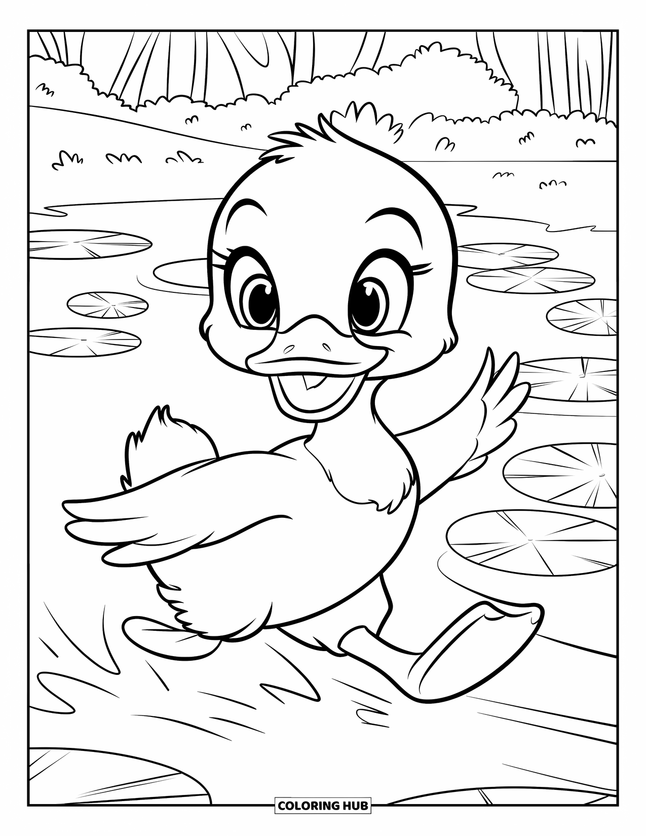 Disegno di un'anatra da colorare per bambini: Un anatroccolo dagli occhi spalancati scatta verso un laghetto pieno di gigli e una foresta frondosa