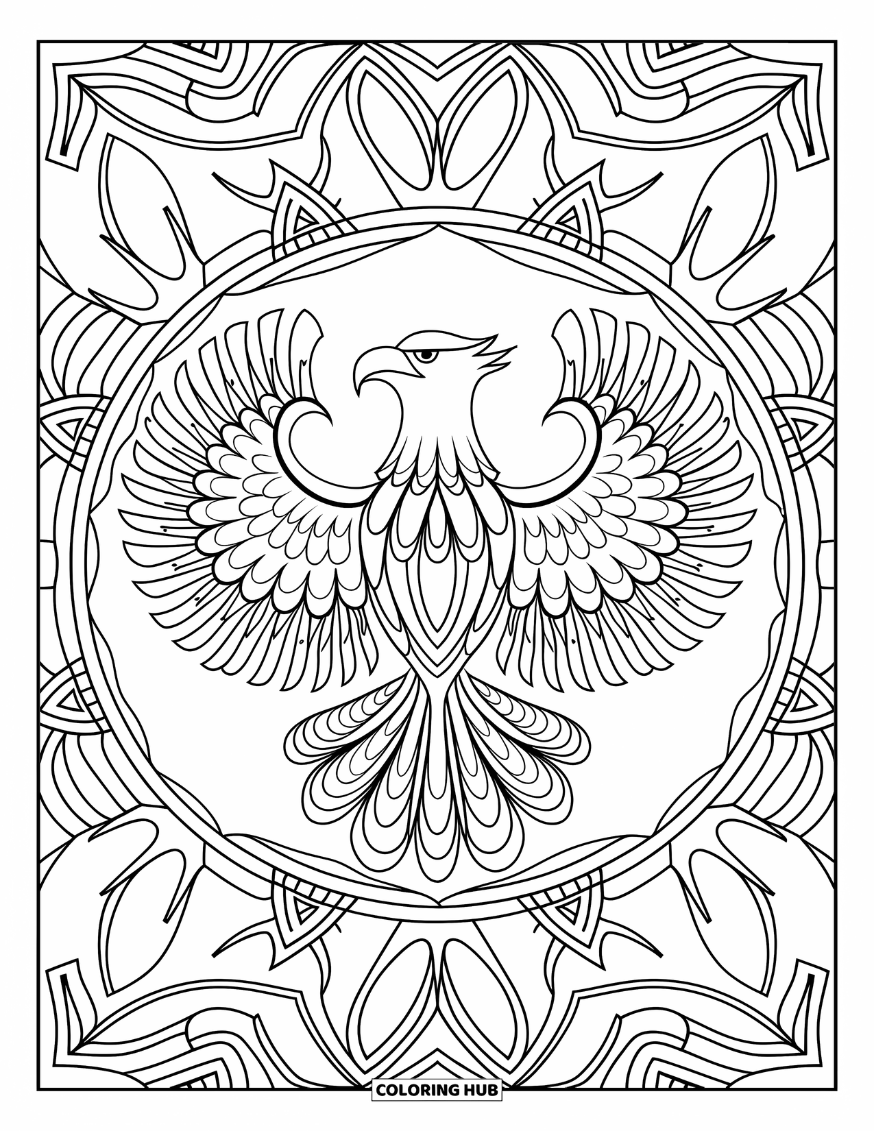 Desenho de águia para colorir para adultos: Uma águia centralizada repousa dentro de uma mandala de penas e elementos decorativos