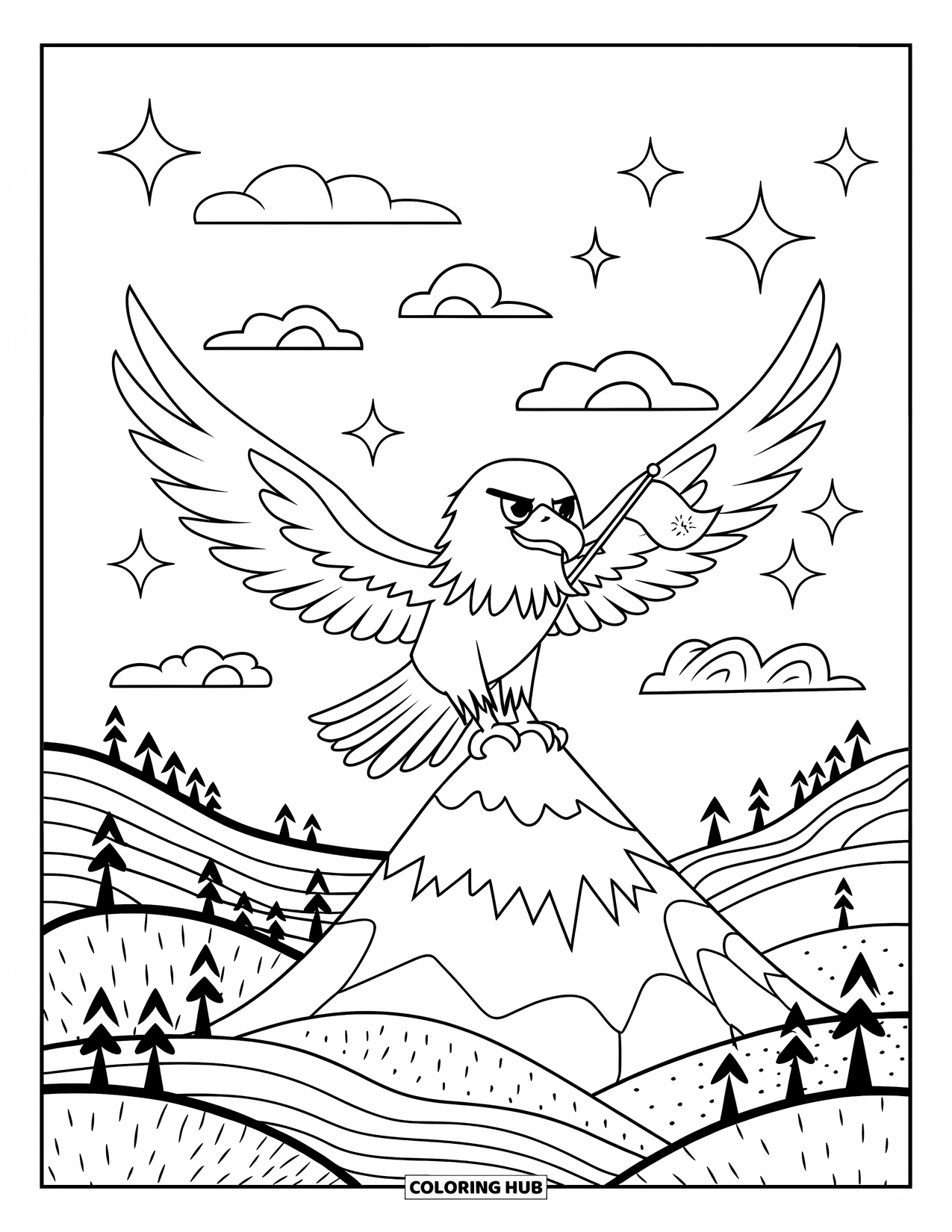 Desenho de Águia para Colorir para Adultos: Uma águia alegre segura uma bandeira e abre suas asas acima de pequenas colinas e árvores