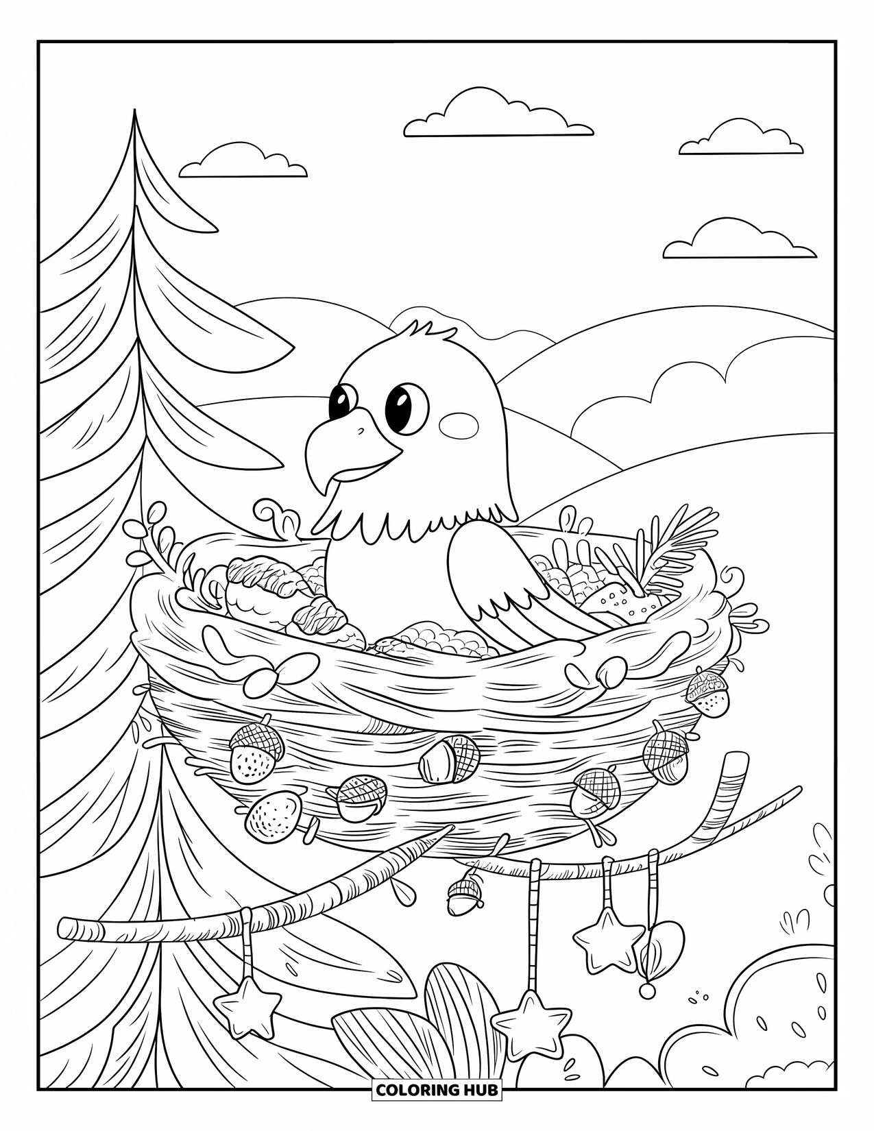 Desenho de águia para colorir para adultos: Uma águia aconchegante repousa em um ninho de pinheiro cheio de galhos, ovos e enfeites