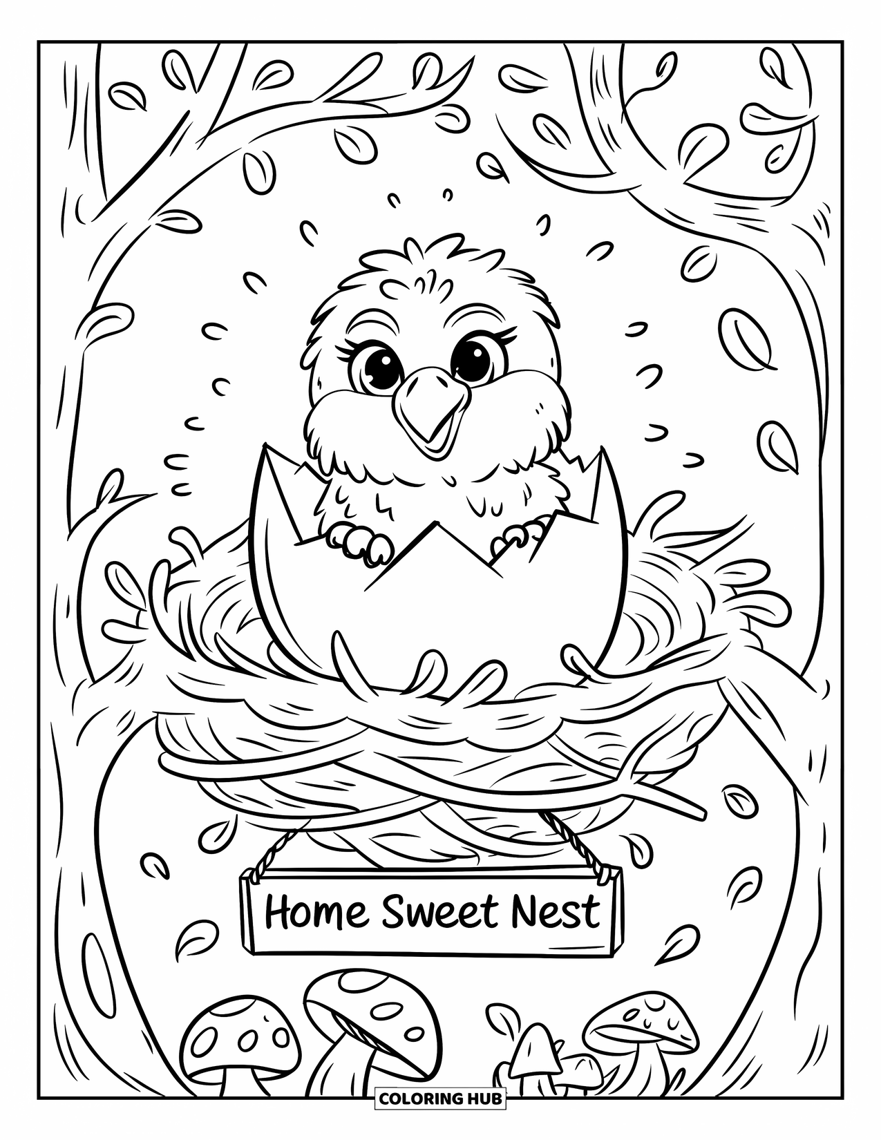 Desenho de Águia para Colorir para Adultos: Um filhote curioso de águia sai de um ovo em um ninho na floresta