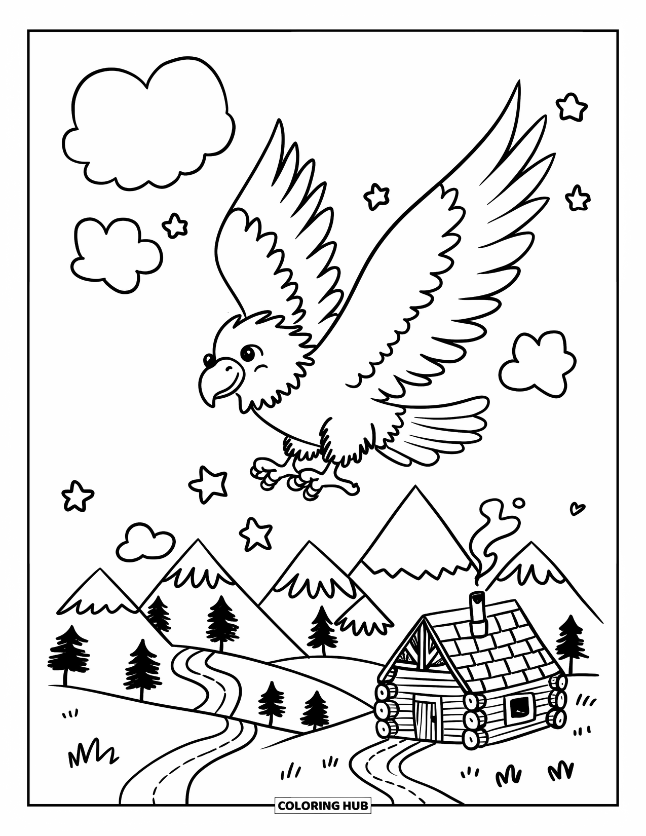 Desenho de Águia para Colorir para Adultos: Uma águia fofa voa entre nuvens felizes acima de uma cadeia montanhosa cheia de cabanas