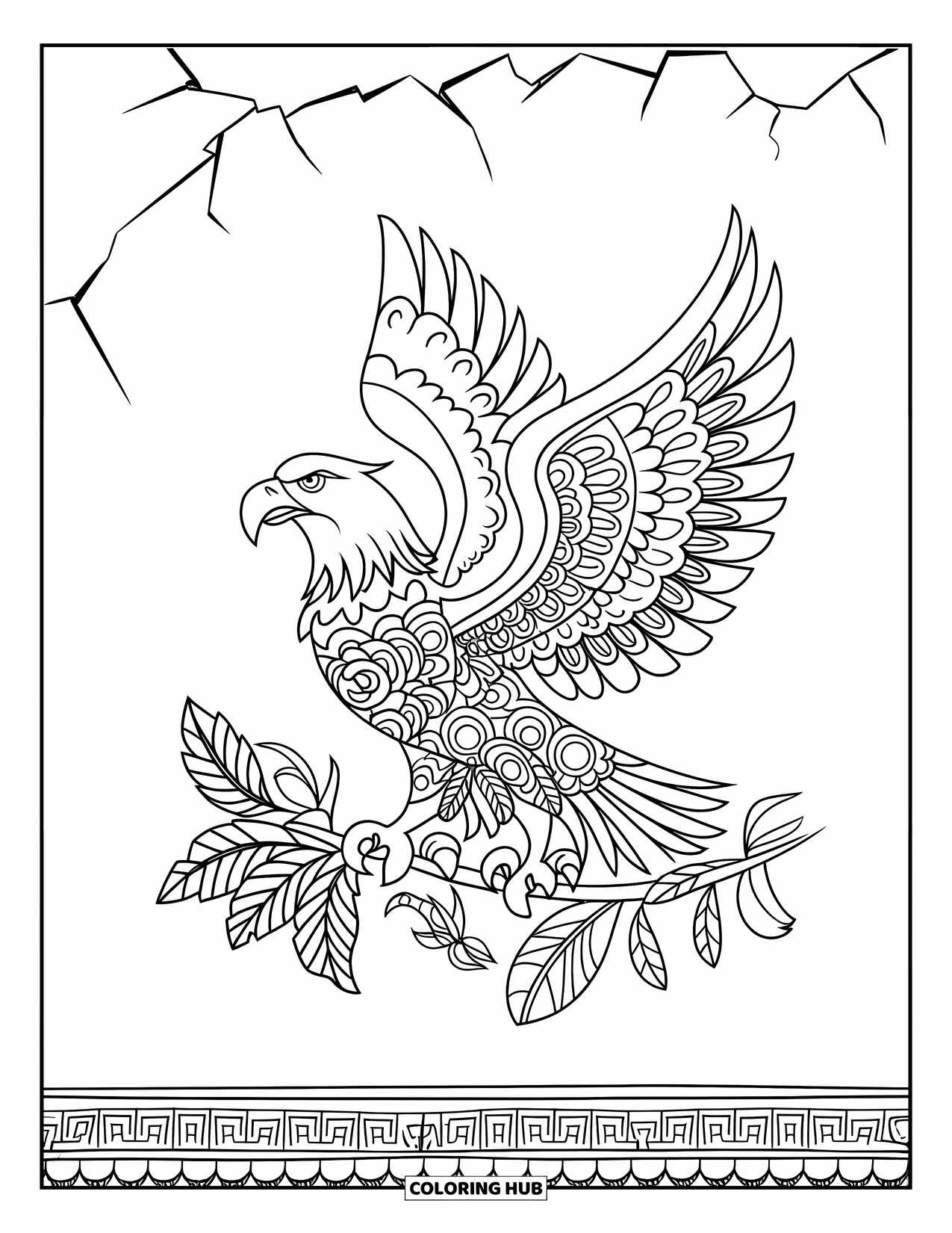 Desenho de águia para colorir para adultos: Uma águia detalhada com asas floridas pousa em um ramo com folhas perto de uma parede de pedra