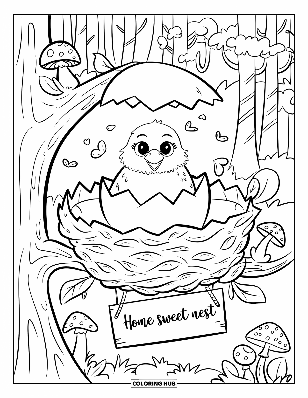 Desenho de Águia para Colorir para Adultos: Um filhote de águia fofo choca em um ninho aconchegante em um galho de árvore