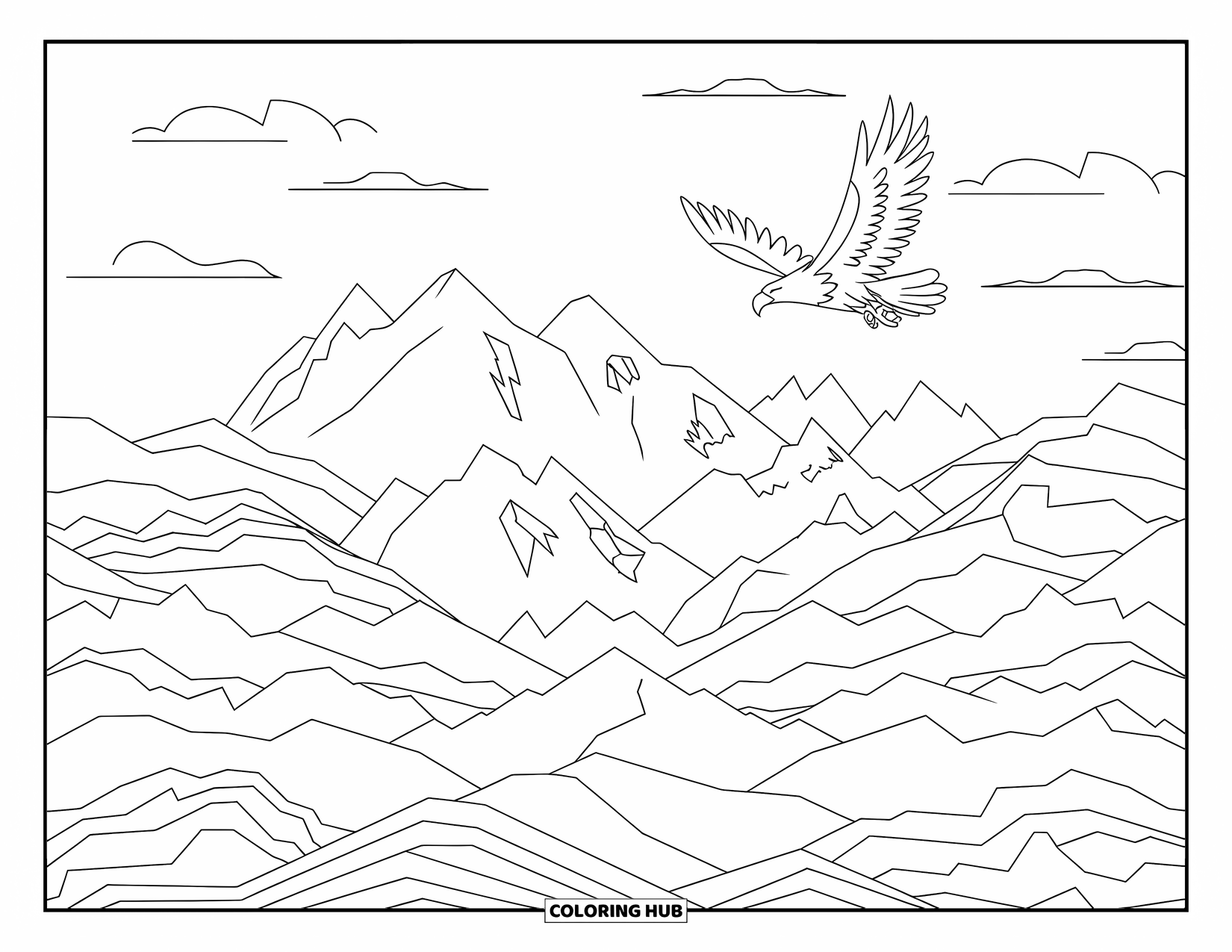Desenho de águia para colorir para adultos: Uma águia voadora desliza sobre montanhas artísticas com um céu suave ao fundo